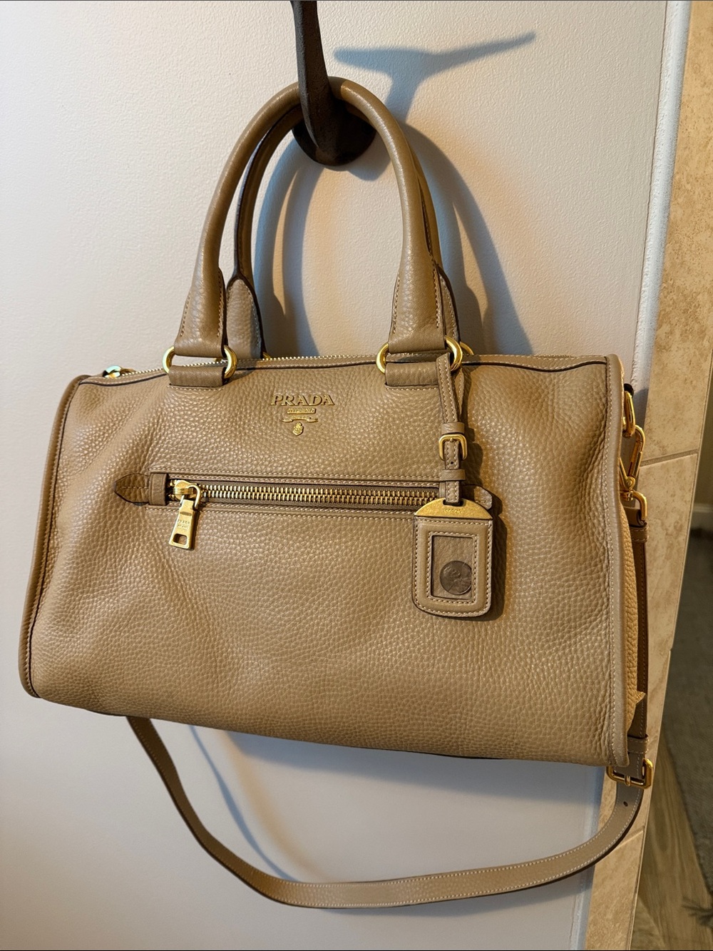 Prada Taupe Pebbled Leather Satchel with Gold Hardware - Picture 1 of 15